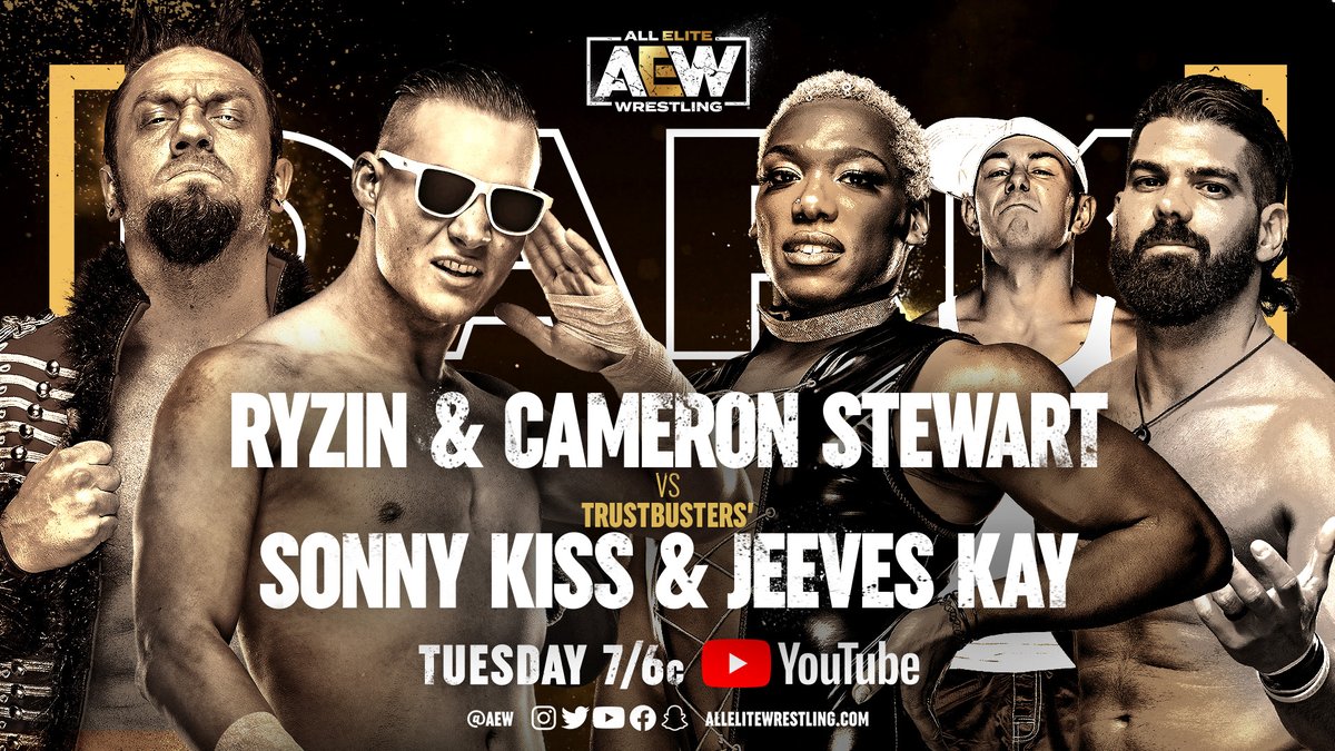 AEW's tweet image. We've got a HUGE episode of #AEWDark lined up for TONIGHT at 7/6c on YouTube.com/AEW!
See @facdaniels v @FlyinBrianJr, plus #DarkOrder's @YTAlexReynolds &amp;amp; @SilverNumber1, Ryan Nemeth, @SonnyKissXO &amp;amp; @isThatVsK in action, and SO MUCH MORE!