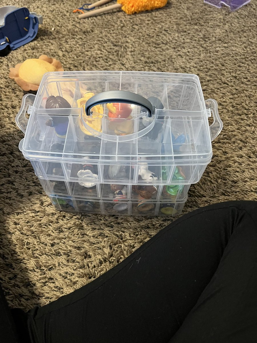 Noah LOVES little people play sets: my mom got him this for part of his Christmas to put all of our little people in! So neat thought I would share! 

Your little people fit right in it and it stacks and has a lid! I’ll find the Amazon link and post in comments! #momhack