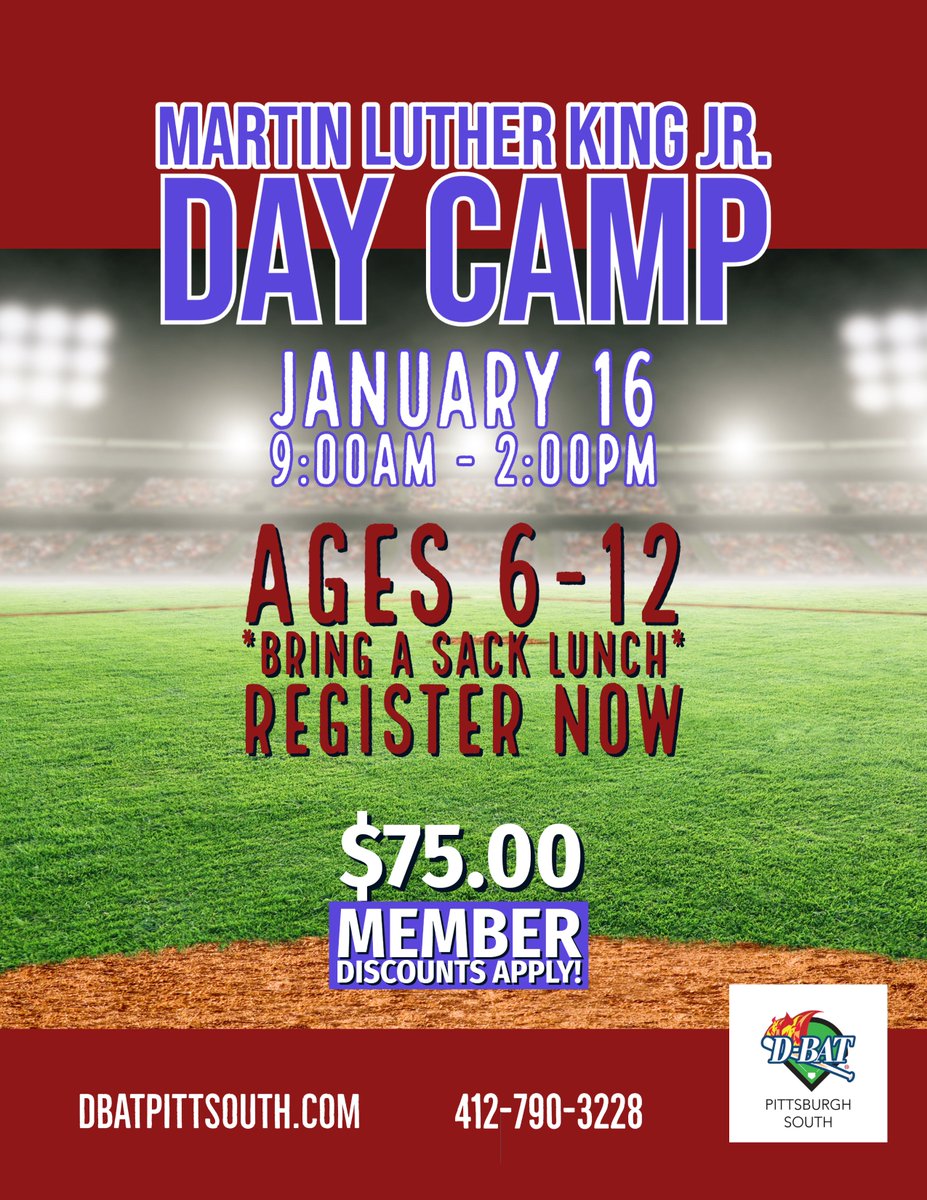 Don't miss out! Spots are filling quickly!

MLK JR. DAY ALL ASPECTS CAMP (Ages 6-12)
JANUARY 16 - 9AM-2PM

$75.00
*Member Discounts Apply!*

[Please bring a sack lunch!]

REGISTER NOW:
app.dbathub.com/customers/146-…

#DBATPittsburghSouth #DBATSports #WeAreFamily