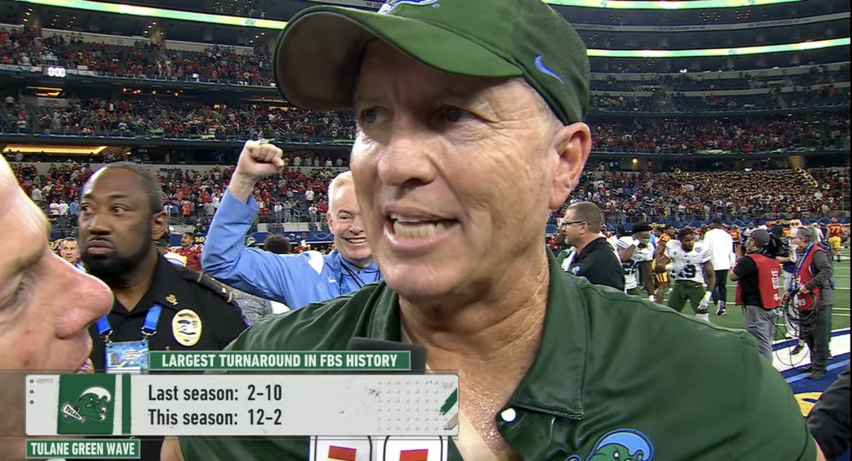 This year, Tulane:

✅ Beat the Big 12 Champion
✅ Won a conference championship
✅ Beat USC and won its first major bowl game in 80+ years

Willie Fritz is the man.