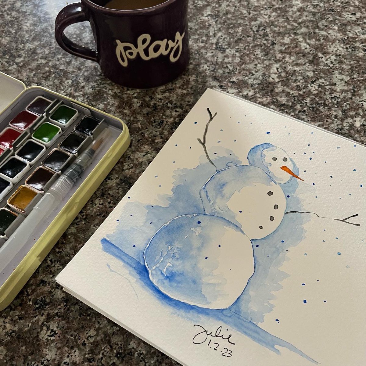 JuliePJones's tweet photo. ✔️Day 2 doodle something cold. ☃️
I doodled, then I played with watercolor… such a nice 10 minutes of caffeinated creativity 🎨❤️
.
.
.
#playchallenge
#ThePlayfulLife
#encourageplay https://t.co/9l73BesUD7
