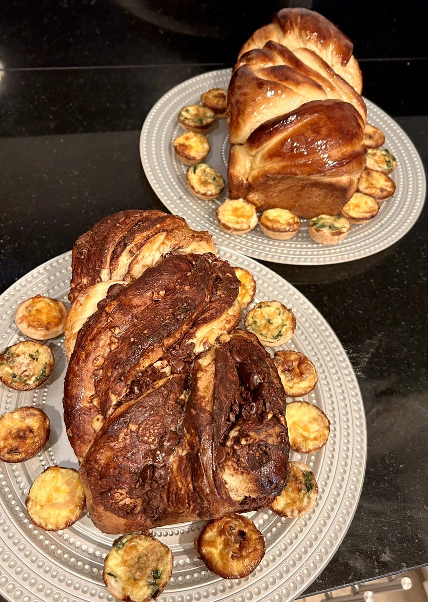 CaitlynPhD's tweet photo. Starting the new year with brioche layered with chocolate + toasted chopped hazelnuts, and lemon curd topped with lemon glaze, surrounded by mini quiches #ChemistsWhoCook https://t.co/cx5IIx5afR