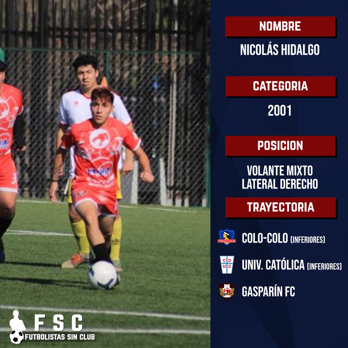 FSC_Chile's tweet photo. FUTBOLISTA BUSCA CLUB 📣

Nombre: Nicolás Hidalgo
Edad: 21 años

Características
• Estatura: 1,70m
• Peso: 71kg
• Pierna hábil: Derecha

El jugador debutó profesionalmente con la camiseta de Gasparín Fútbol Club de la Tercera B.

CONTÁCTANOS SI QUIERES CONTAR CON EL JUGADOR 📩 https://t.co/BUsTY2f9Hq