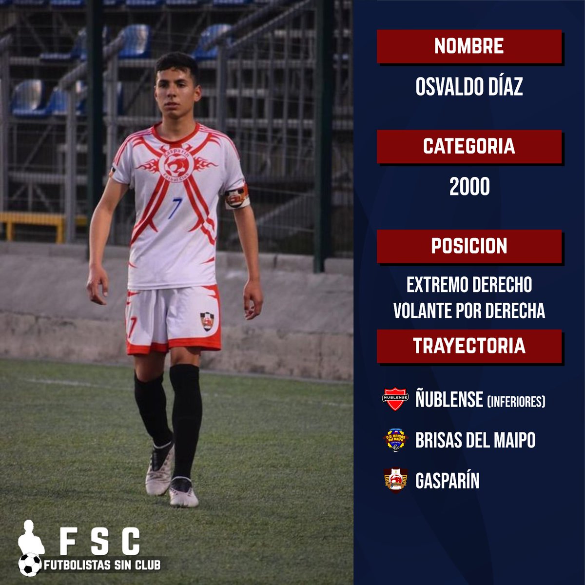 FSC_Chile's tweet photo. FUTBOLISTA BUSCA CLUB 📣

Nombre: Osvaldo Díaz
Edad: 22 años

Características
• Estatura: 1,70m
• Peso: 65kg
• Pierna hábil: Derecha

El jugador se describe como técnico y veloz.

CONTÁCTANOS SI QUIERES CONTAR CON EL JUGADOR 📩 https://t.co/2ebJwtTX0O