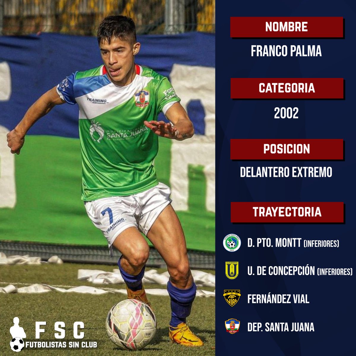 FSC_Chile's tweet photo. FUTBOLISTA BUSCA CLUB 📣

Nombre: Franco Palma
Edad: 20 años

Características
• Estatura: 1,70m
• Peso: 67kg
• Pierna hábil: Derecha

Palmarés
• Segunda División 2020 🏆

CONTÁCTANOS SI QUIERES CONTAR CON EL JUGADOR 📩 https://t.co/DxSN9TxFqh