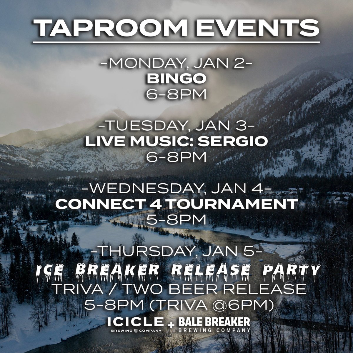 Happy New Year! We’ve got awesome events Mon-Thurs at our taproom this week!

Mon, Jan 2: Bingo from 6-8pm

Tues, Jan 3: Live music: 6-8pm

Wed, Jan 4: Connect 4 tournament, 5-8pm

Thurs, Jan 5: Trivia Night &amp; Beer Release Party featuring 2 beer collab with <a href="/BaleBreaker/">Bale Breaker Brewing</a>! 5-8pm