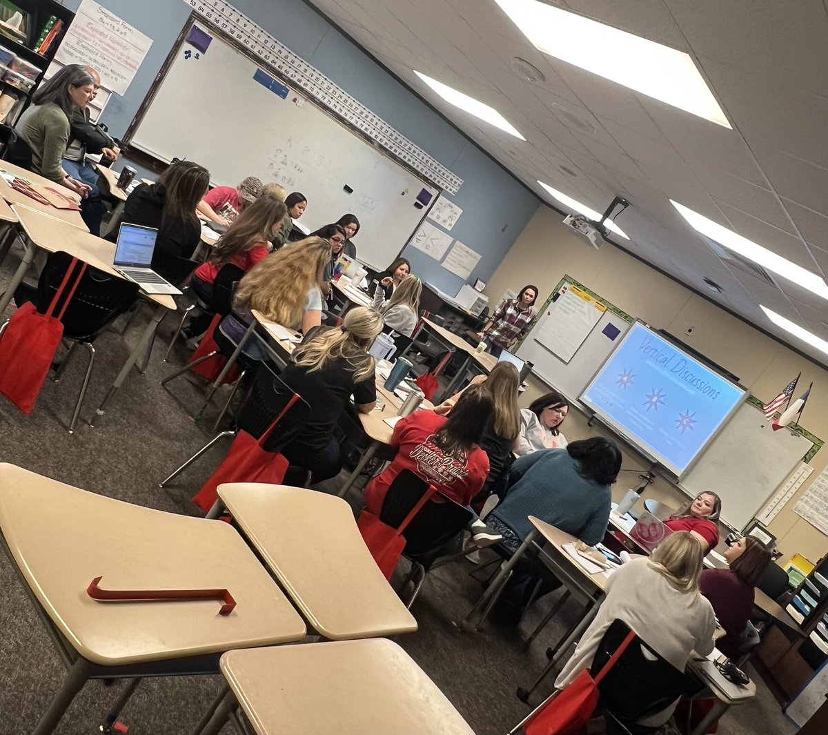 FinneyBrandyne's tweet photo. @TISDDPES Pk-4 math teachers had amazing vertical discussions related to problem solving for ALL grades. They even identified non-negotiables. #greatfirstdayback #nodowntime https://t.co/f40T85edol