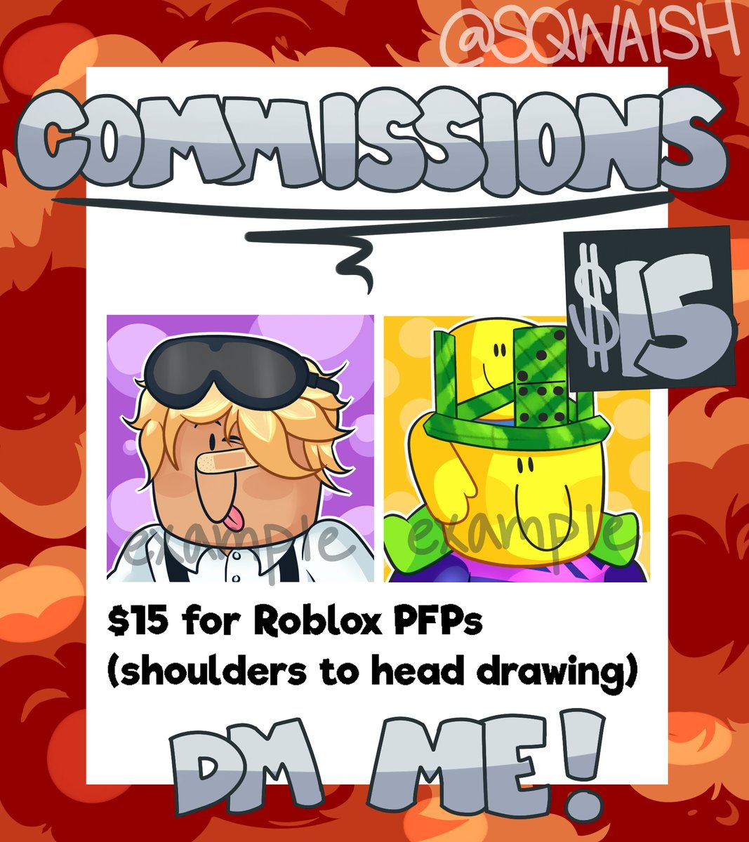 sqwaish's tweet photo. $15 ROBLOX PROFILE PICTURE COMMISSIONS! ✏️
- I am currently open for Roblox PFP art commissions, examples of my work are down below. I am flexible with drawing other Roblox work.

DM me if interested!

#ROBLOX #robloxart #RobloxartCommission #RobloxAvatar #artcommissions https://t.co/FL8L1NS3qh
