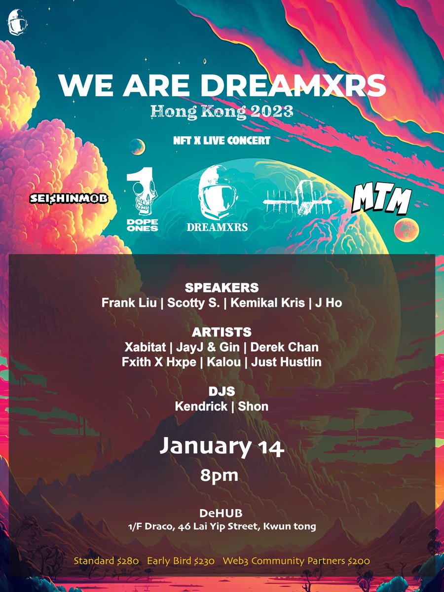 Dreamxrs_io's tweet image. WE ARE DREAMXRS 2023: HONG KONG

Announcing our first event of the year!🙌🥂

We are hosting an NFT X Live Concert with an incredible lineup of Web3 Music panel and Hip Hop/RnB performers!! 🎤🔥🔥

Let's start the new year with a BANG💥

Buy Tickets:
dreamxrs.moongate.id