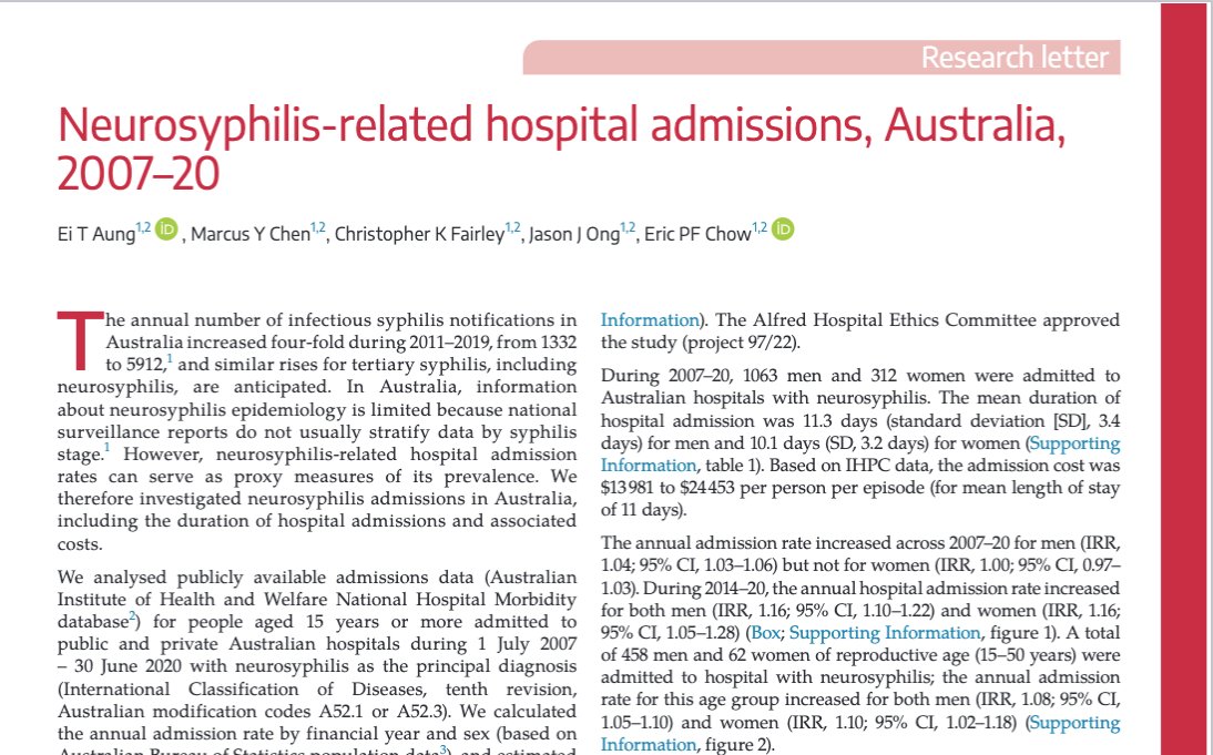 New article from our PhD student Ei Aung in <a href="/theMJA/">MJA</a>  examines neurosyphilis-related hospital admissions in Australia from 2007-2020. Read the article here:
bit.ly/3IhM4y2