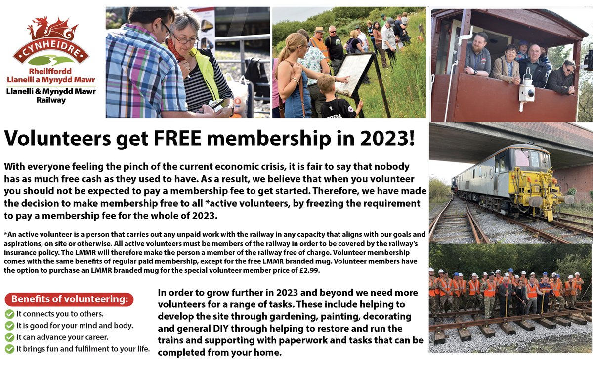 With the current economic crisis, we believe that when you volunteer, you should not be expected to pay a membership fee to get started. Therefore, membership is now free to all active volunteers, for the whole of 2023. Find out more at:
llanellirailway.co.uk/volunteering-a…
#volunteering