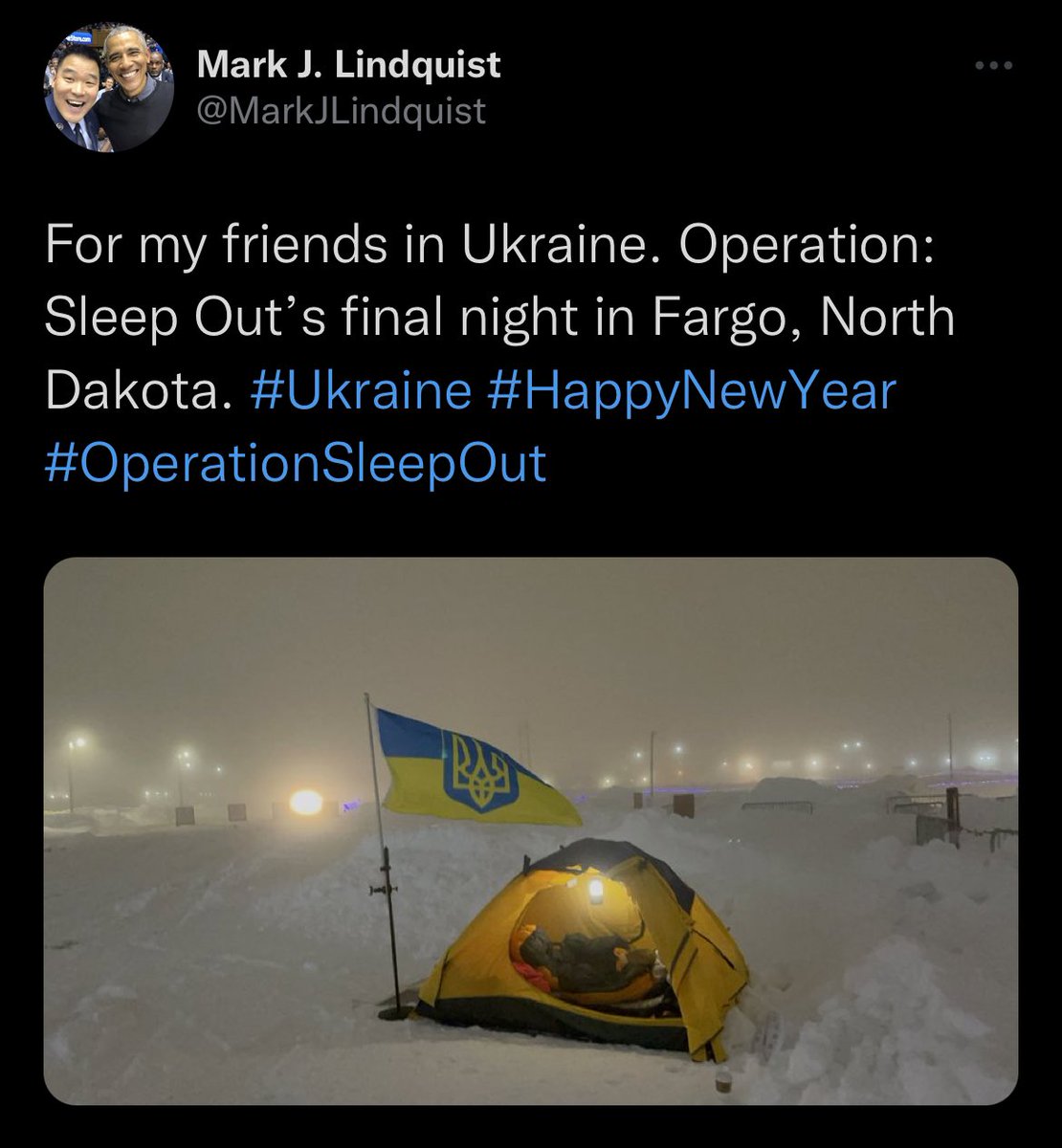 What <a href="/MarkJLindquist/">Mark J. Lindquist</a> is doing is AMAZING.

Mark is from MN, went to <a href="/Concordia_MN/">Concordia College</a> &amp; is <a href="/usairforce/">U.S. Air Force</a> vet.

In DEC, Mark slept OUTSIDE for 17 days (in Fargo) to raise winter donations for ppl in Ukraine. 

Today, Mark flew to NYC to sleep outside the <a href="/GMA/">Good Morning America</a> studios. Let’s get him on!