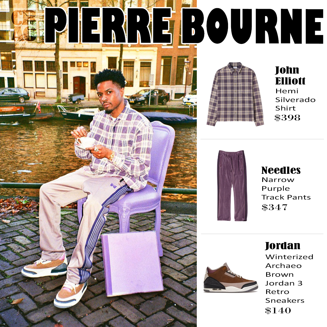 Pierre Bourne wearing :
.
.
. @johnelliottco Hemi Silverado Shirt ($398)
.
. @needles_tokyo_official Narrow Purple Track Pants ($347) 
.
. @jumpman23 Winterized Archaeo Brown Jordan 3 Retro Sneakers ($140)
.
.
#pierrebourne #johnelliott #needles #jordan23 #jordan3 #retro3