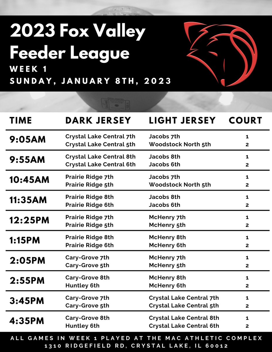 Week 1 Schedule for the Fox Valley Feeder League. Follow here for game and league photos, videos and updates throughout the season!