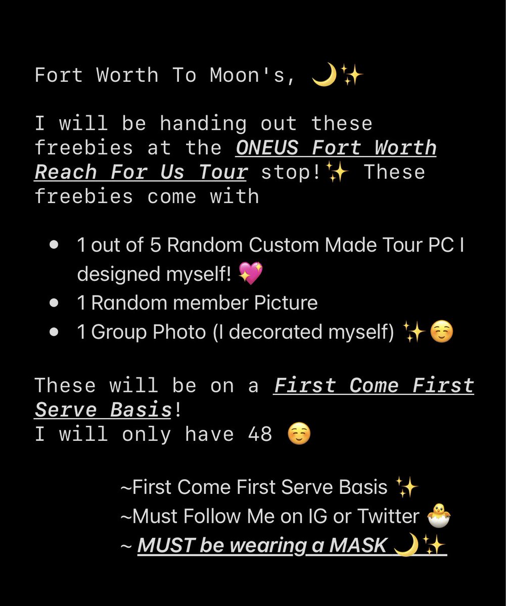 taeyongiesprout's tweet photo. Fort Worth To Moonโs ๐โจ
Iโm making freebies for the @official_ONEUS Reach For Us Tour stop in Fort Worth! Please read Below for more information! โจ๐๐ฅฐ
#ONEUSinFortWorth #ONEUSinDallas #ONEUSTour #ONEUS #ONEUSReachForUs @official_ONEUS https://t.co/niXgjVEyBS