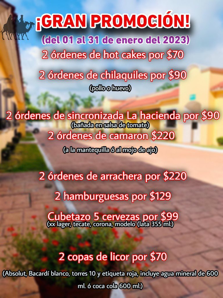🚨 Ven a La hacienda y disfruta de nuestras promociones🚨 

Del 1 al 31 de enero del 2023

📌Servicio de restaurante y bar las 24 horas.

📌Aceptamos tarjetas de débito y crédito. 

📌Nos ubicamos en carretera Villahermosa Teapa km13 a 15 minutos de Soriana Guayabal.
📌9933556246