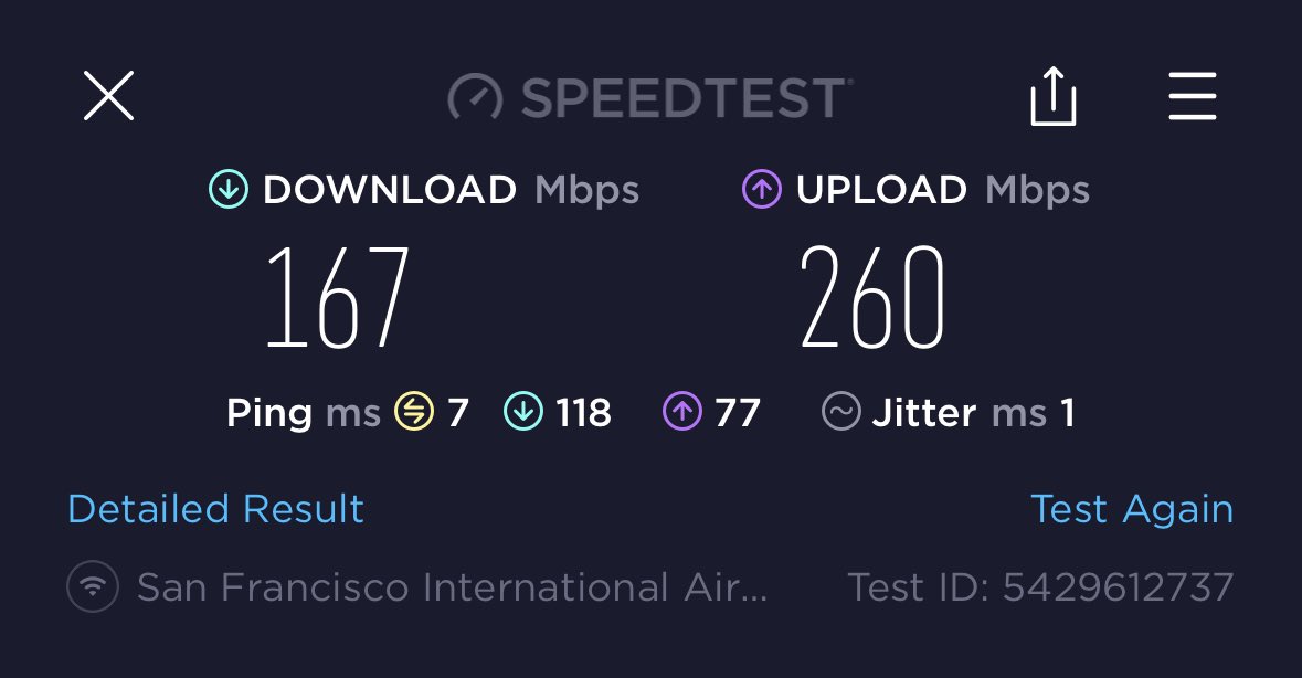 WOW, SFO airport WiFi speed is so far ahead
