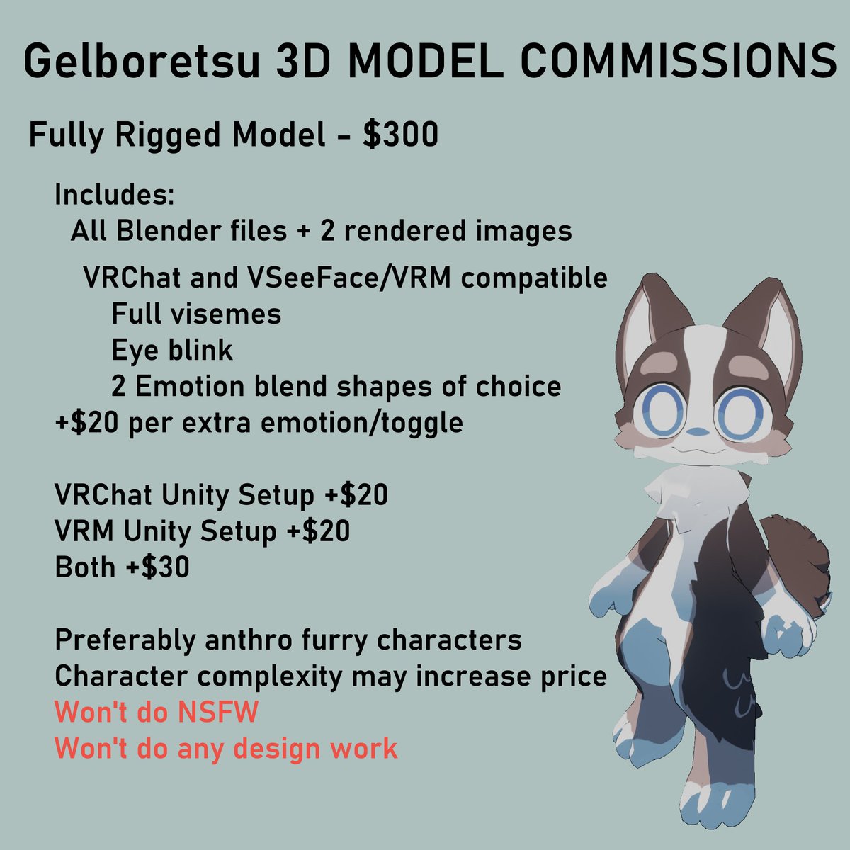Gelboretsu's tweet image. You can now give me money and I'll make your character into a 3 dimensional being. only accepting 3 at a time, first come first serve for this set, more info below if I can think of anything :3