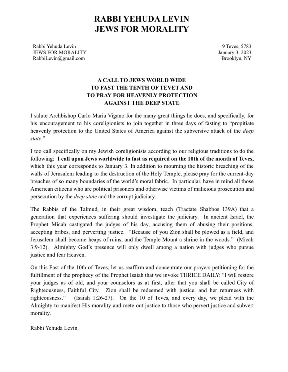 🚨Rabbi Levin calls upon World Jewry to fast on the Tenth of Teves.

Rabbi Levin's call to fasting echoes Archbishop Viganò's sanctioning of a period of fasting and prayer for the J6 Political Prisoners and the United States of America. 

Join us on January 3rd, 4th, and 5th.