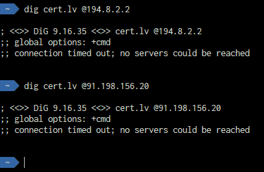 Pamēģināju @certlv DNS servisu ugunsmuris.lv, bet izrādās, ka tas nav pieejams daudziem AS43513 (Netvision/Nano IT) klientiem mūsu ciemā.