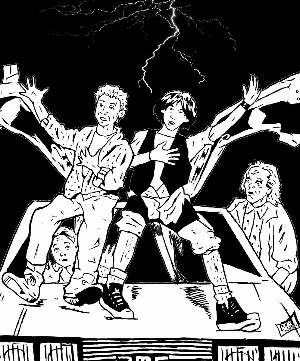 ErinKellySmyth's tweet photo. The time Doc Brown and Marty McFly discovered that they had 2 stowaways aboard the DeLorean. Done for fun in honor of Science Fiction Day.
#ScienceFictionDay #BackToTheFuture #BillandTed #fanart #DocBrown #MartyMcFly #BillPreston #TedLogan https://t.co/BXEwre99mr