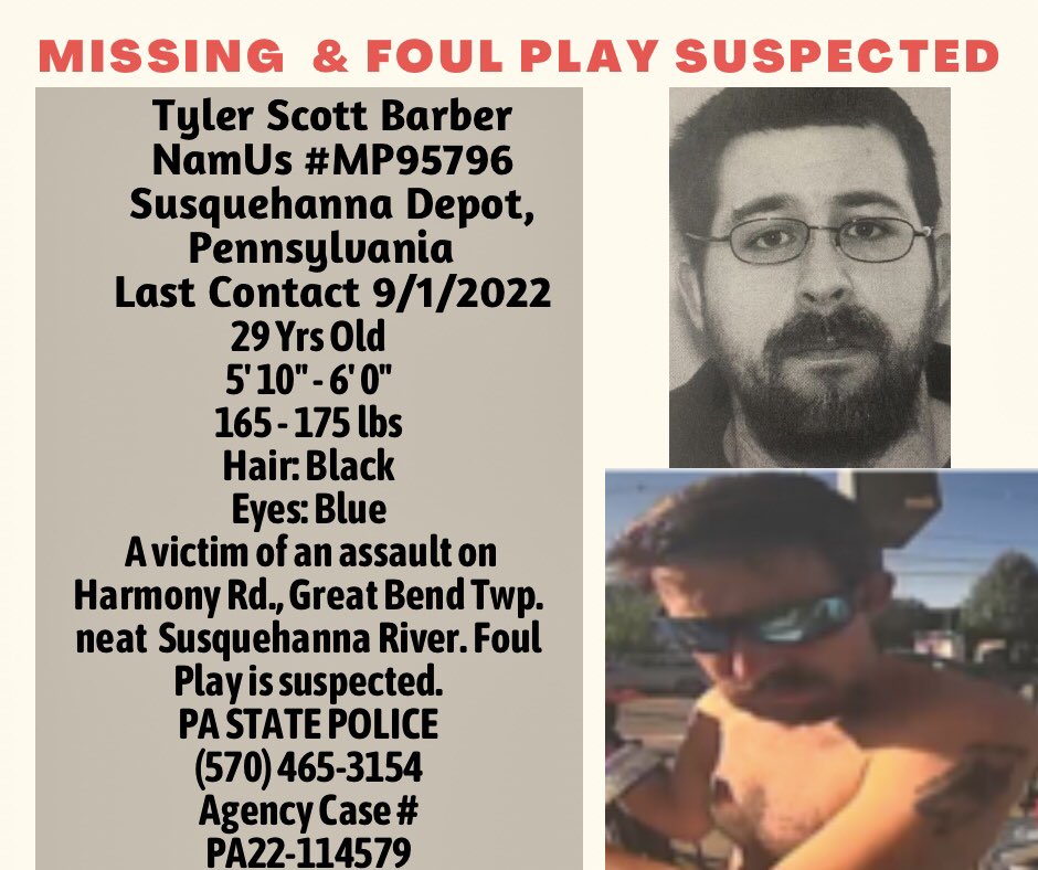 #SusquehannaDepot           #Pennsylvania Tyler Scott Barber, #MissingPerson assaulted on #HarmonyRoad near #SusquehannaRiver #news #trending #crime Namus: namus.gov/MissingPersons…
