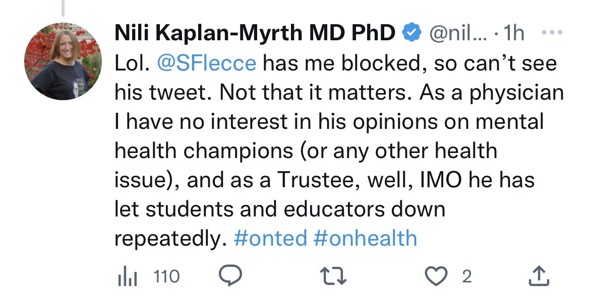 NEW: Deranged and toxic school board trustee Nili Kaplan-Myrth is so universally disliked she disclosed she’s blocked by Education Minister Lecce.

No one self owns like Nili.
