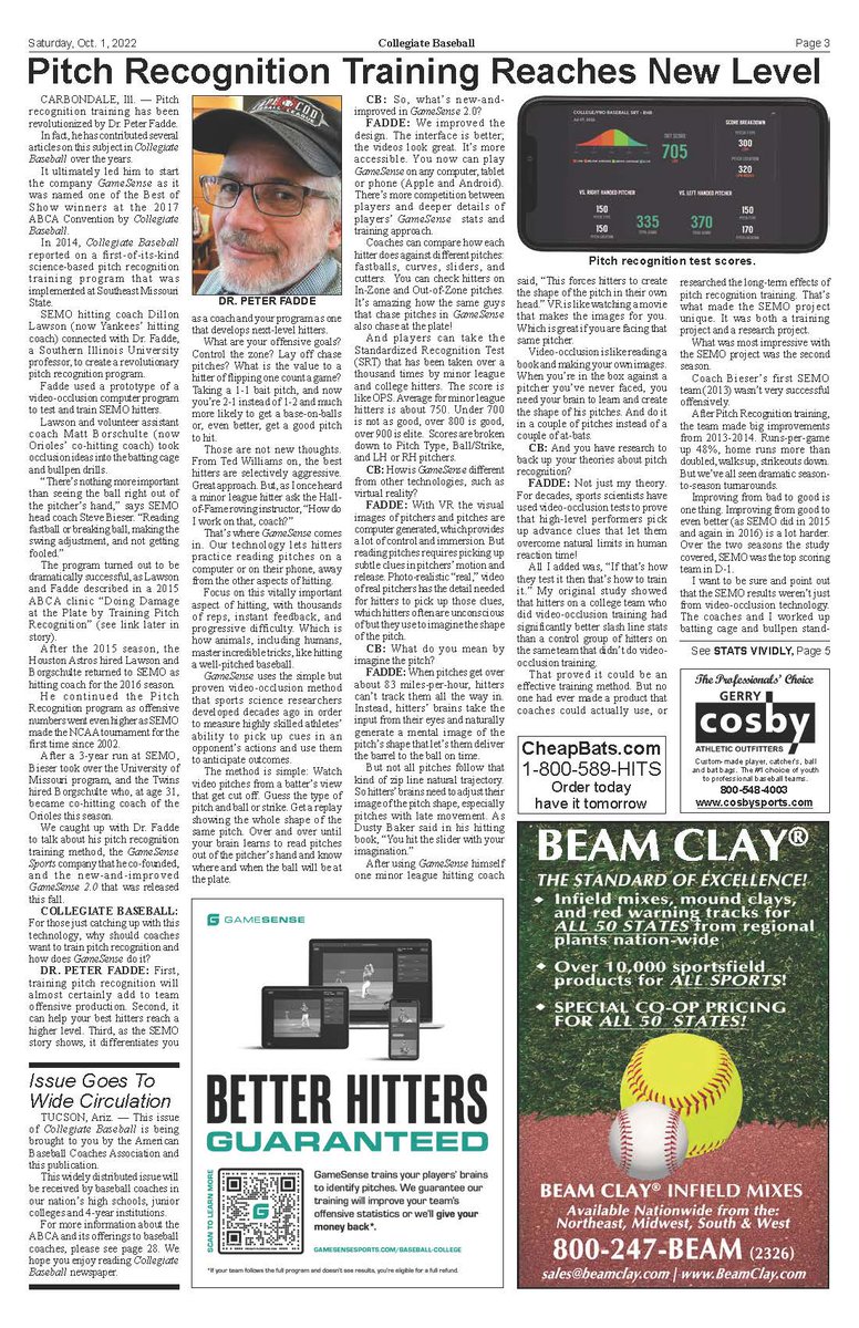 gameSenseBase's tweet image. Why come by the @gameSenseBase booth at #ABCA2023? 1) Check out GameSense 2.0 (as featured in Collegiate Baseball News), 2) Talk #PitchRecognition with @DrFadde, 3) Register to win a Yeti cooler.