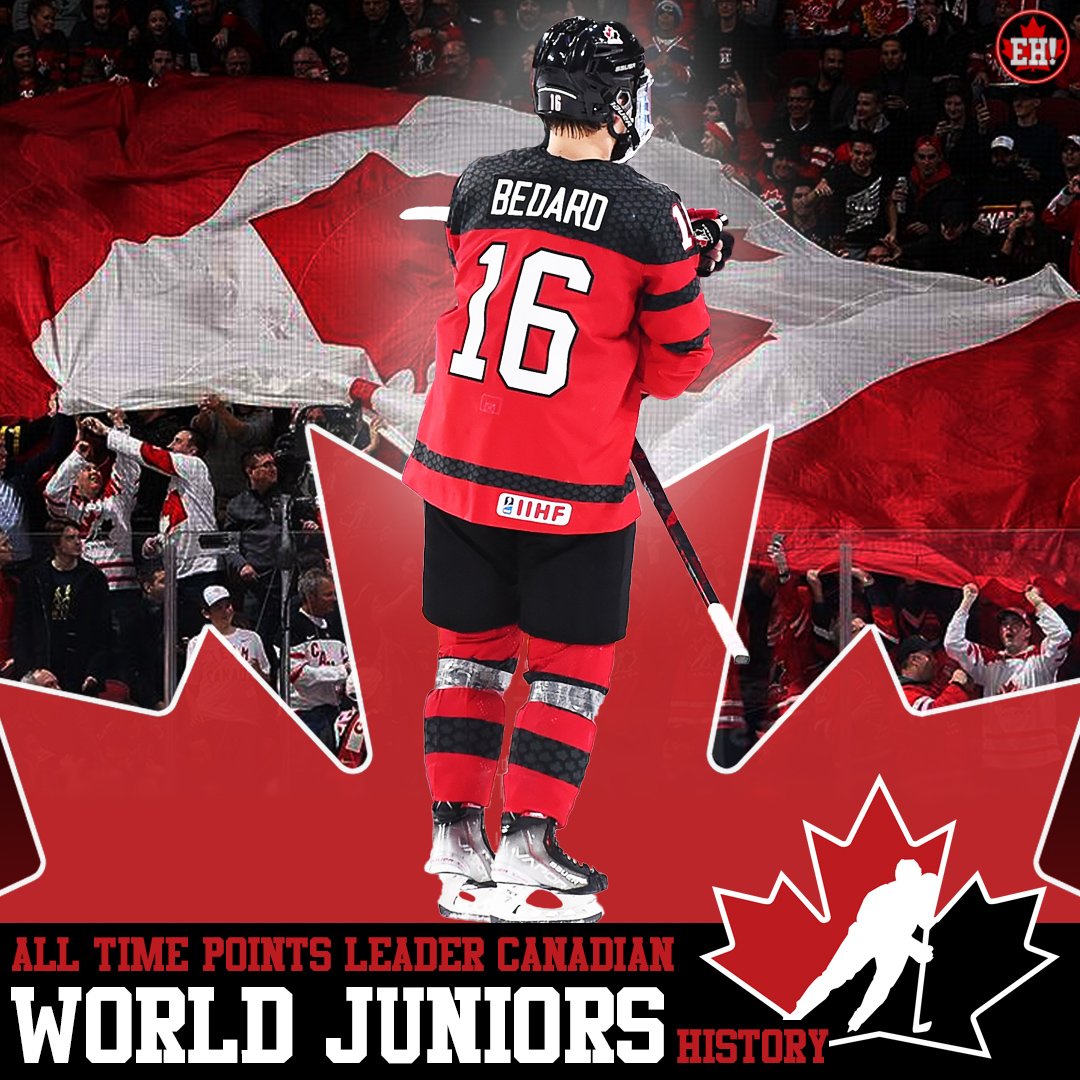 theehsports's tweet photo. HISTORY FOR BEDARD AGAIN! With his opener against Slovakia Connor Bedard becomes Canada's all time leading goal scorer and point getter in World Junior play 🍁

#WorldJuniors2023 #WorldJuniors #TeamCanada https://t.co/knjnIKquZF