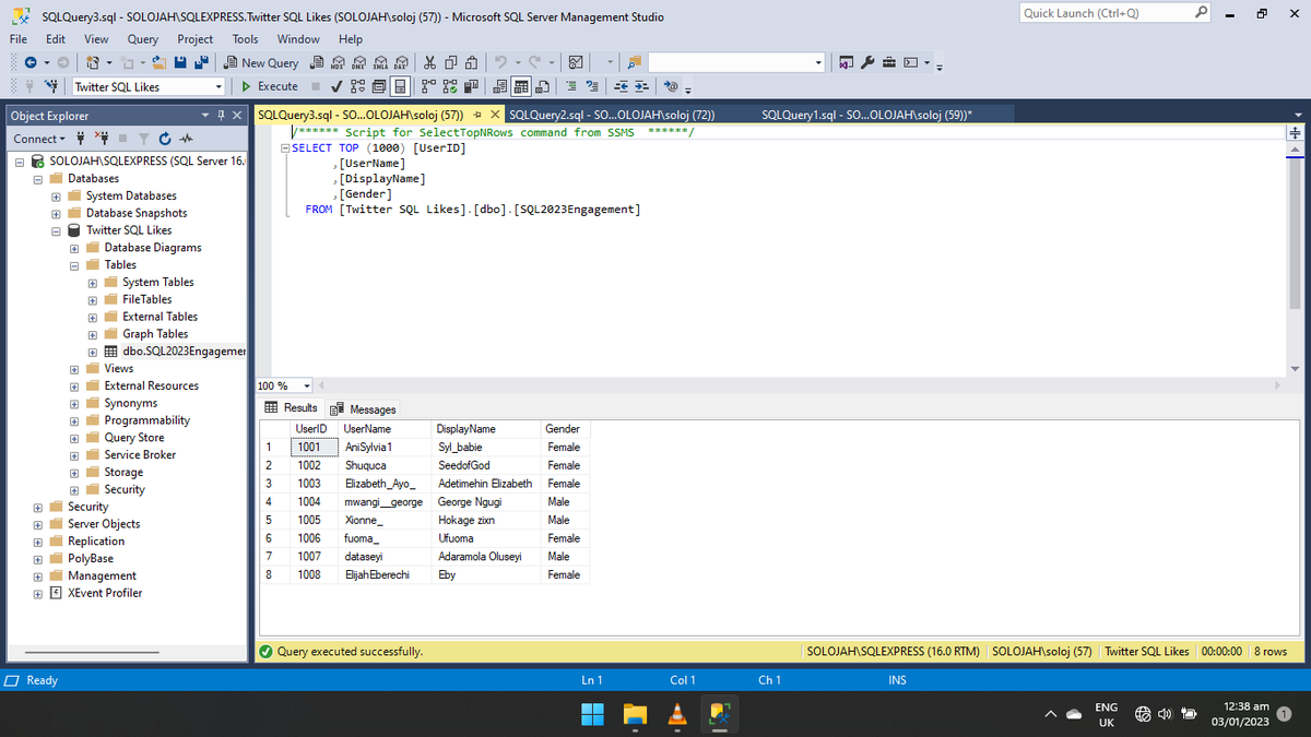 SoloJah1's tweet image. I created a new database, a table in the database and added values to the table, consisting of username, display name and gender of those that liked the above quoted tweet and viewed it as displayed below.
#Day2 INTO #SQL2023