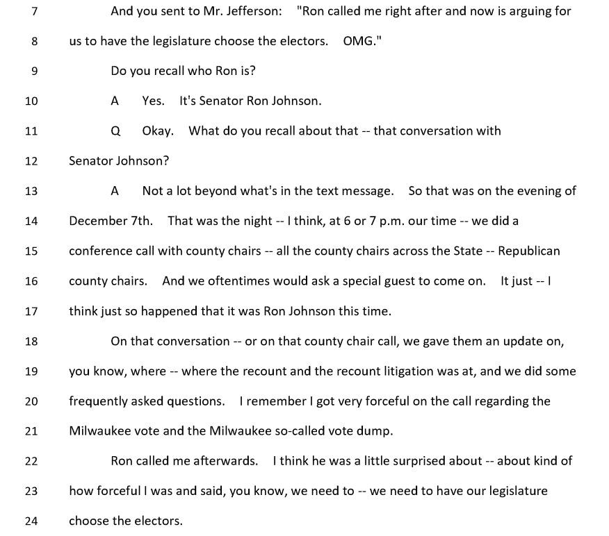 AJBayatpour's tweet photo. NEW: Jan. 6 committee docs trove includes transcript of its interview with former WI GOP Chair Andrew Hitt.

Hitt told the committee @SenRonJohnson told him, "we need to have our legislature choose the electors" before the fake GOP electors meeting in Dec. 2020. https://t.co/dFa4ufh1Kv
