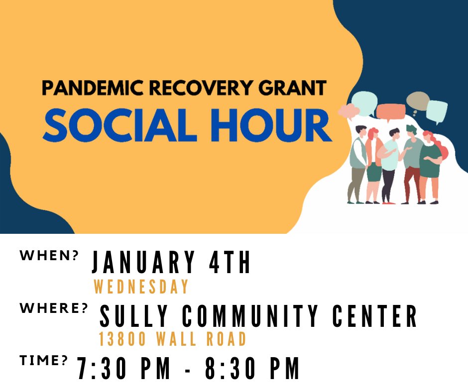 On January 4th, swing by the Sully Community Center to learn more about the Pandemic Recovery Grant and get tips on creating a winning application! 

When: January 4, 2023
Time: 7:30 PM - 8:30 PM
Where: Sully Community Center
13800 Wall Road, Herndon, VA 20171

@artsfairfax
