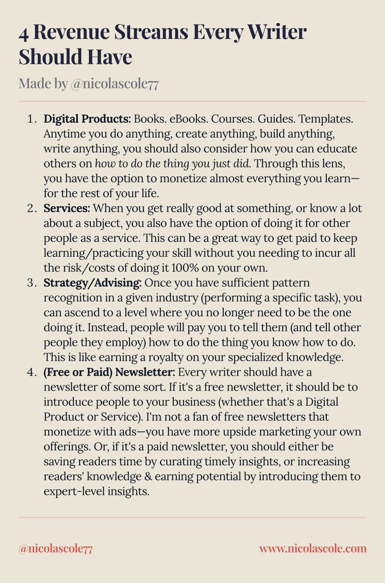 Nicolascole77's tweet photo. Every Digital Writer should have 4 revenue streams:

1. Digital Products
2. Premium Services
3. Strategy/Advising
4. Newsletter (Free or Paid)

If you have 1 of these, you are likely on the path to financial freedom.

If you have all 4, you are recession-proof. https://t.co/BQIB0J03zY