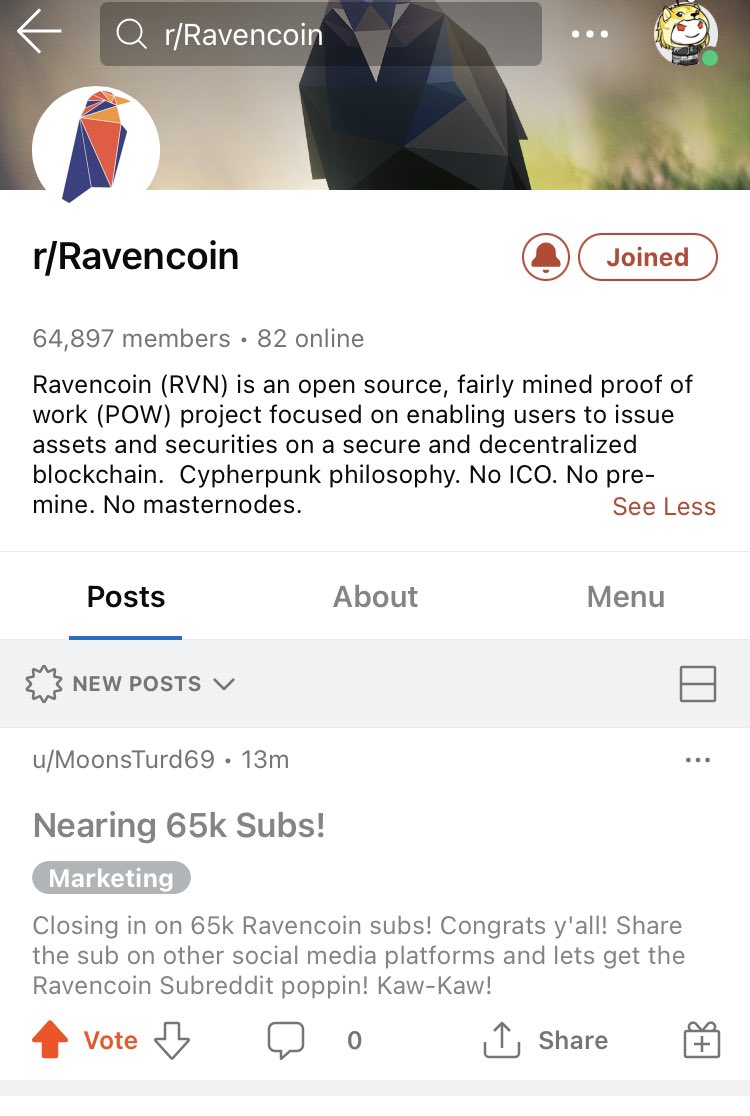 r/Ravencoin on Reddit is almost at 65k members! Spread the word and hop in! 

#ravencoin #rvn $RVN #crypto #proofofwork