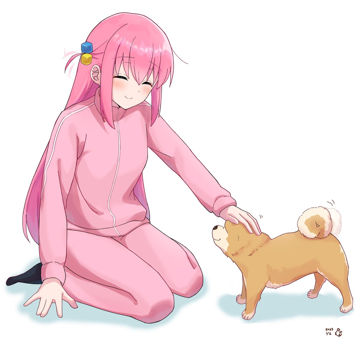 gotou hitori 1girl cube hair ornament pink hair long hair hair ornament dog track jacket  illustration images