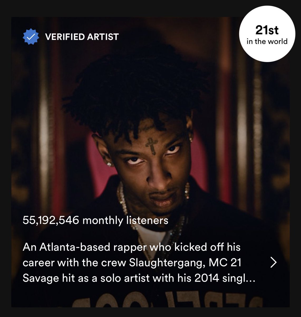 DailyRapFacts's tweet photo. 21 Savage currently ranks as the 21st biggest artist in the world on Spotify https://t.co/Hn1nliotD8