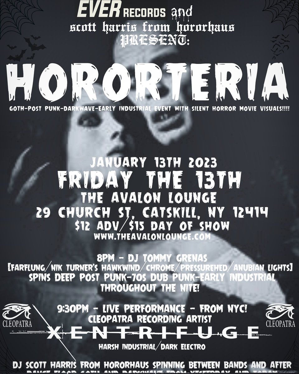 Our first show of 2023- on Friday the 13th!
We have some surprises in store for you! Please RSVP!
#XENTRIFUGE #fridaythe13th #hororteria #industrialmusic #darkelectro #livemusic #upstatenyevents  #catskillevents #nyevents 
facebook.com/events/s/horor…