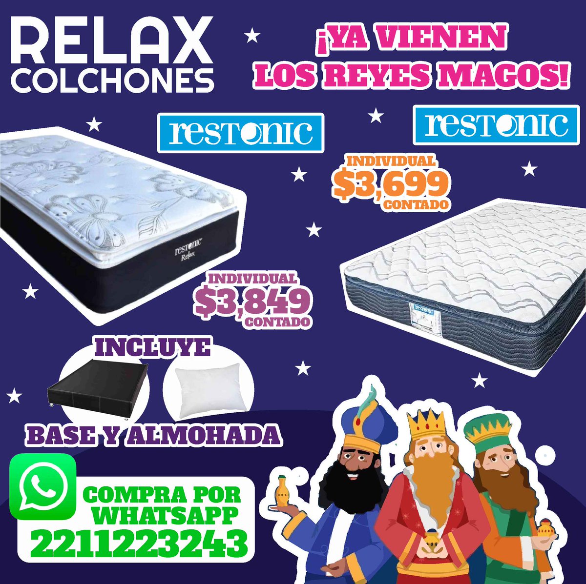 RelaxColchones's tweet photo. ¡Hey #ReyesMagos!🤴🏻🐫 🤴🏼🐎 👳🏿♂️🐘
¿Sus ahijados se han portado bien este año?🤔¡Es hora de cambiarles #colchón!😉
😴 Cómodos
🤓 Tecnología #Restonic
🤩 5 años de garantía
👉𝙊𝙛𝙚𝙧𝙩𝙖👈
Incluye Base y Almohada de🎁
#MesesSinIntereses 💳
Compra por #WhatsApp 📲2211 22 3243 https://t.co/z3dnAYSt1S
