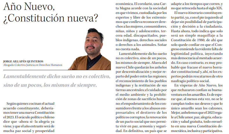 Colectiva_ddhh's tweet image. 📣 ¿Cuáles son las predicciones para el #AnoNuevo2023? en @DiarioConce Jorge Aillapán, expondrá algunos adelantos, deseos y desanhelos en el nuevo ciclo constitucional. 👉 bit.ly/3i3nE0z