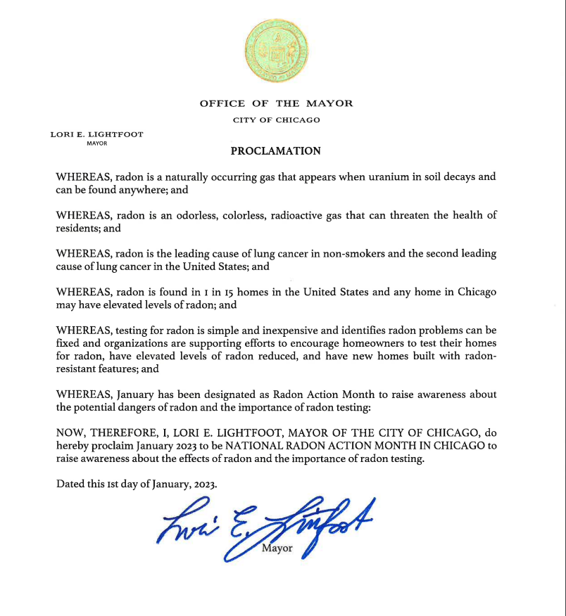 Radonova86's tweet image. Radon Action Month Receives Proclamation By Chicago Mayor - thank you Mayor Lightfoot! @stopradon
@chicagosmayor 
einpresswire.com/article/608587…  #radon #ram #nram #radonactionmonth #testforradon #lungcancer