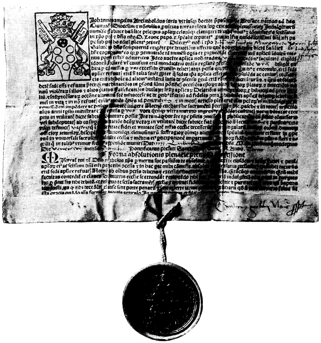 教皇レオ10世の名の下に、1515年販売された贖宥状。サン・ピエトロ大聖堂建設費調達の名目でドイツにて売り出された。実際の発行者はマインツ大司教アルブレヒト、販売の実務を担ったのはドミニコ会、教皇やマインツ大司教に多額の融資を行ったのは豪商フッガー家だった。 