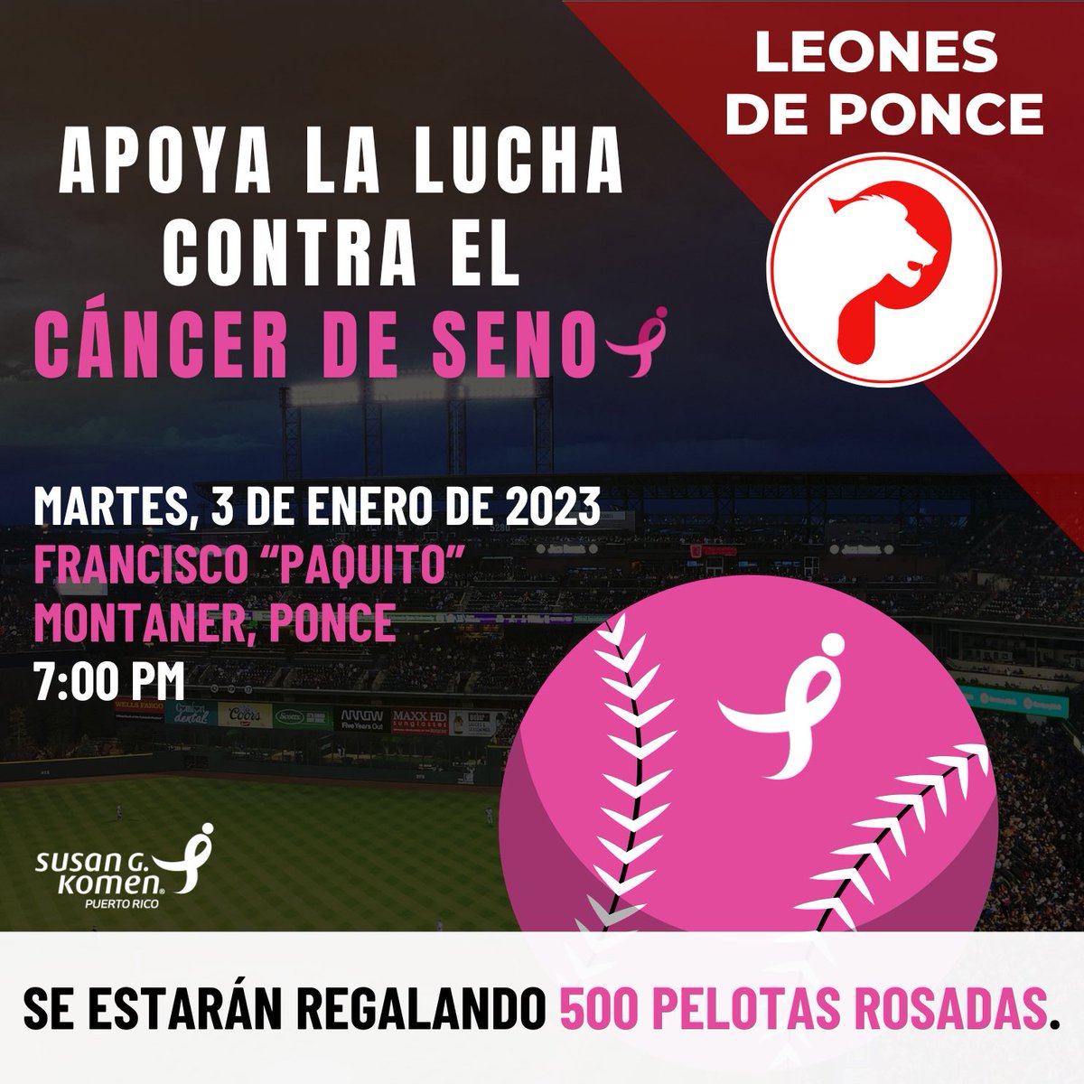 komenpr's tweet image. ¡No te quedes sin tu pelota ⚾️ rosada!

Mañana martes, 3 de enero de 2023, estaremos en el Estadio Francisco Paquito Montaner desde las 7:00 p. m. Se estarán regalando 500 pelotas ⚾️ rosadas entre los asistentes.

Ven y únete a los Leones de Ponce.