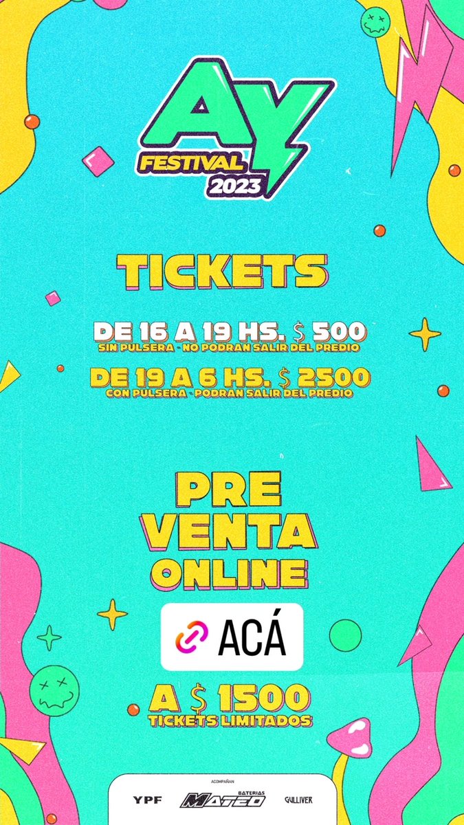 SEEE Que lindo volver a encontrarnos! 
Ya están ready los ticket anticipados a solo 1.500 pesitos para #AyFestival2023 a través de este Art Ticket! ❤️‍🔥🔋🎤⚡️🌅
Compra tu ticket acá 👇
articket.com.ar/detalle/FESTIV…