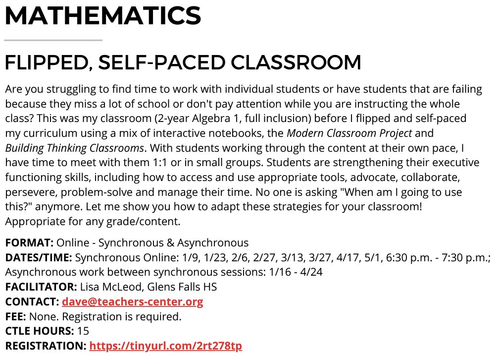 If you are in the NYS Capital Region and are interested in creating a Flipped, Self-Paced Thinking Classroom, come join me! First session is January 9, 6:30 - 7:30. Catalog is here - teachers-center.org