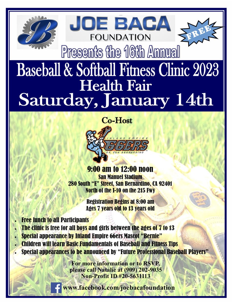 Please join us for the FREE event.  The 16th Annual Joe BACA Foundation Baseball and Softball Fitness clinic.
