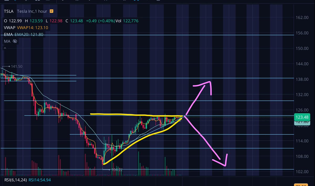 Alphastockslab's tweet photo. $TSLA will have a decisive week. Either we break 123.81 resistance or reject it and possibly see double digits. #Alphastockslab https://t.co/mwtUbG5ovz