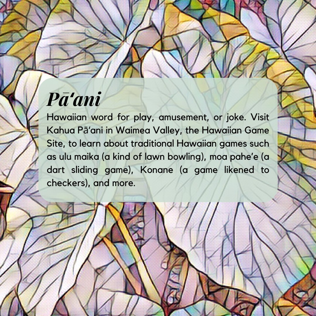 WaimeaValley's tweet photo. Pāʻani is the Hawaiian word for play. At Kahua Pāʻani, the Hawaiian Game Site near Upper Meadow, our cultural staff will share with you the ways in which early Hawaiians engaged in play.
#moolelomonday #olelo #Hawaiianculture #Hawaiianlanguage #waimeavalley #waimeavalleyoahu https://t.co/YJl6m9KMCL