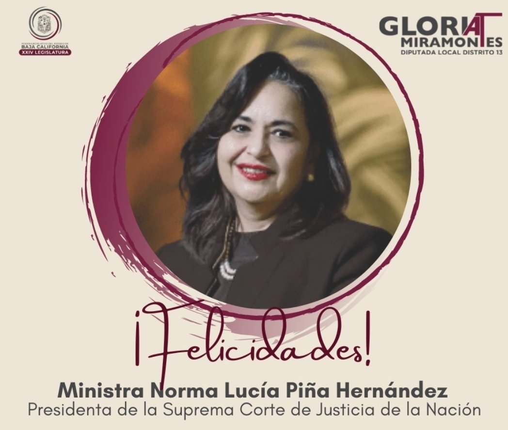 gloria_miramon's tweet photo. 💐 Felicito a la Ministra Norma Lucía Piña Hernández por su elección como presidenta de la Suprema Corte de Justicia de la Nación, siendo la primera mujer en llegar a tan importante cargo.
✨Un día histórico para las mujeres.
¡Enhorabuena!👏
#4taTransformación https://t.co/gu9ylf4lTt