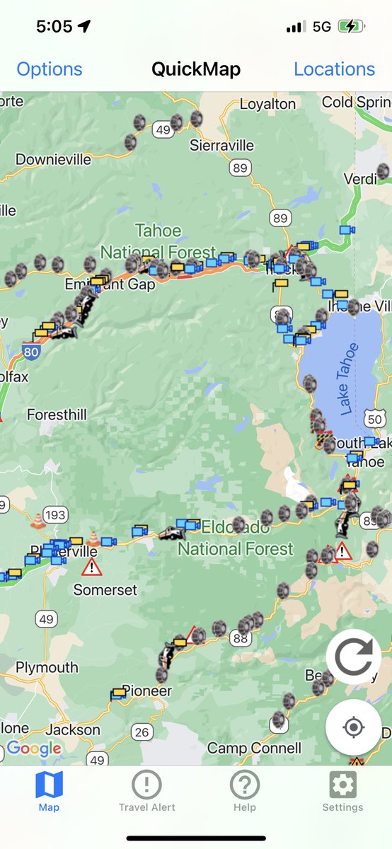 CaltransDist3's tweet image. Chain controls are back up on all Sierra highways, as indicated by all the tire icons on QuickMap! Be prepared for winter driving conditions and longer travel times. ⁦@CHP_Truckee⁩ ⁦@CHPSouthLake⁩ ⁦@CountyElDorado⁩ ⁦@PlacerCA⁩ ⁦@NevadaCountyCA⁩