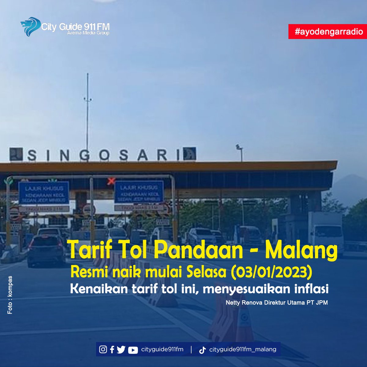 Mulai hari ini, Selasa (03/01)  tarif Tol Pandaan – Malang mengalami penyesuaian. 

Untuk golongan satu penyesuaian tarif ada tambahan Rp1.000 dari tarif awal, golongan 2 dan 3 itu tambahannya Rp1.500 serta golongan 4 dan 5 tambahannya Rp2.000. (adm)
